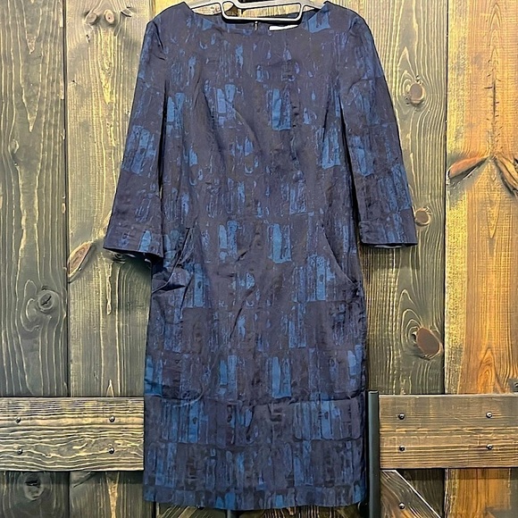 MM Lafleur Etsuko Dress 4 Blue Abstract Office Boho Pockets Stretch Sleeves Boss - Picture 1 of 8